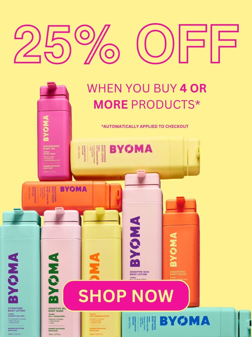 “BYOMA sale banner offering 25% off when buying four or more products.