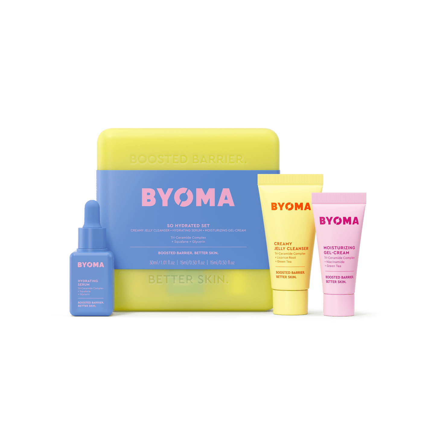 BYOMA So Hydrated Set, featuring a pastel yellow and blue packaging box along with three skincare products.