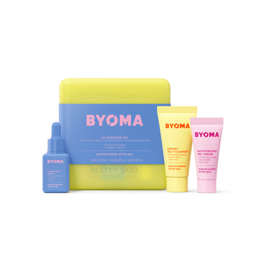 BYOMA So Hydrated Set, featuring a pastel yellow and blue packaging box along with three skincare products.