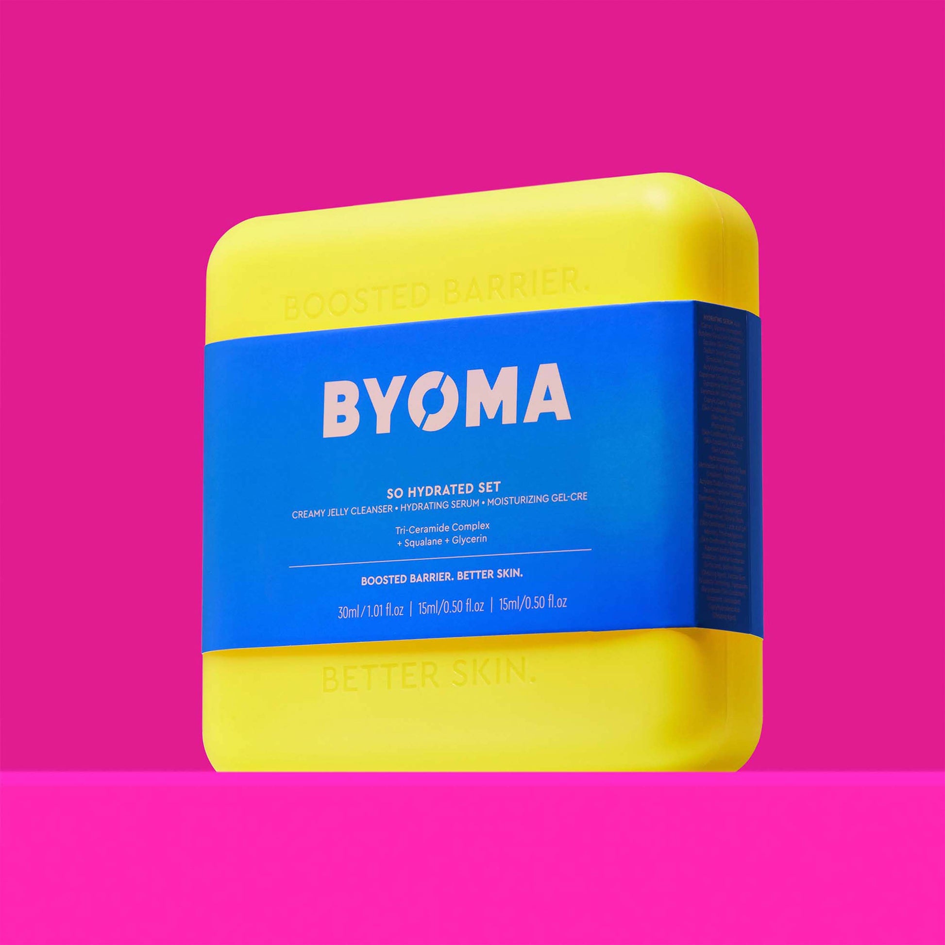 BYOMA So Hydrated Set in a vibrant yellow case with a bold blue label.