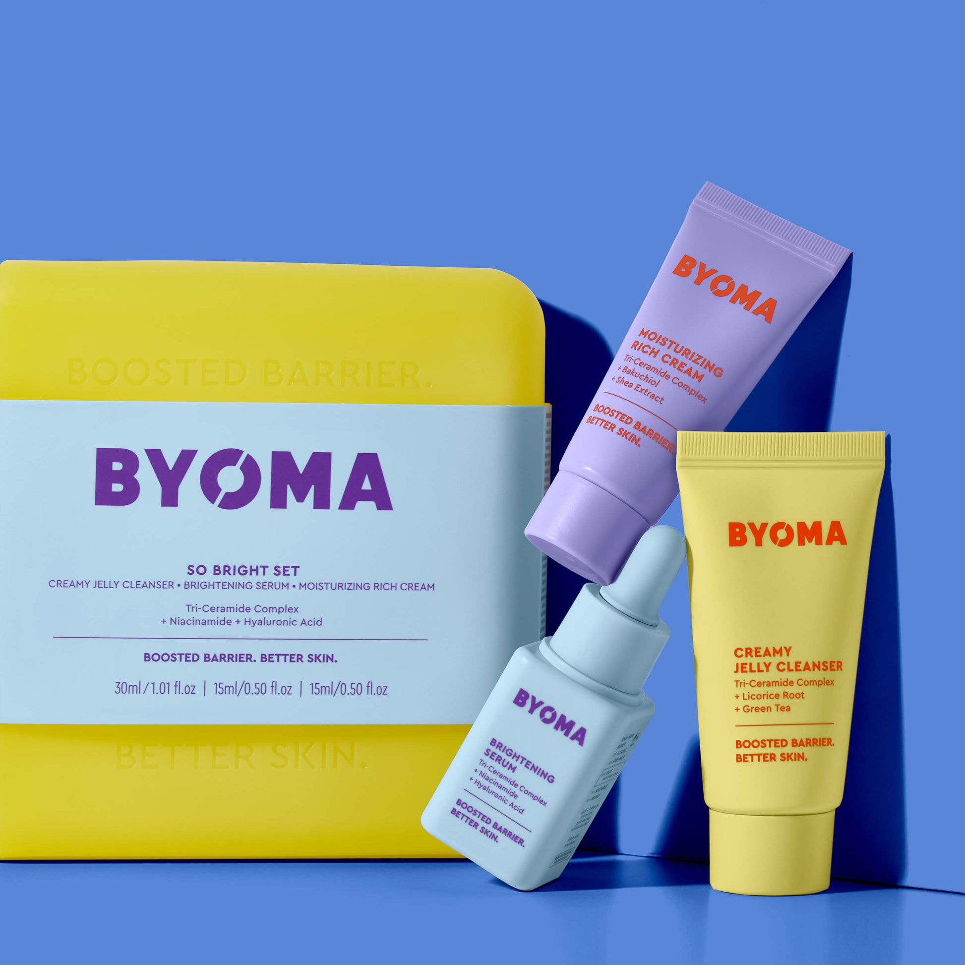 BYOMA So Bright Set featuring a yellow case, accompanied by a Brightening serum, Creamy Jelly Cleanser and Moisturizing Rich Cream.