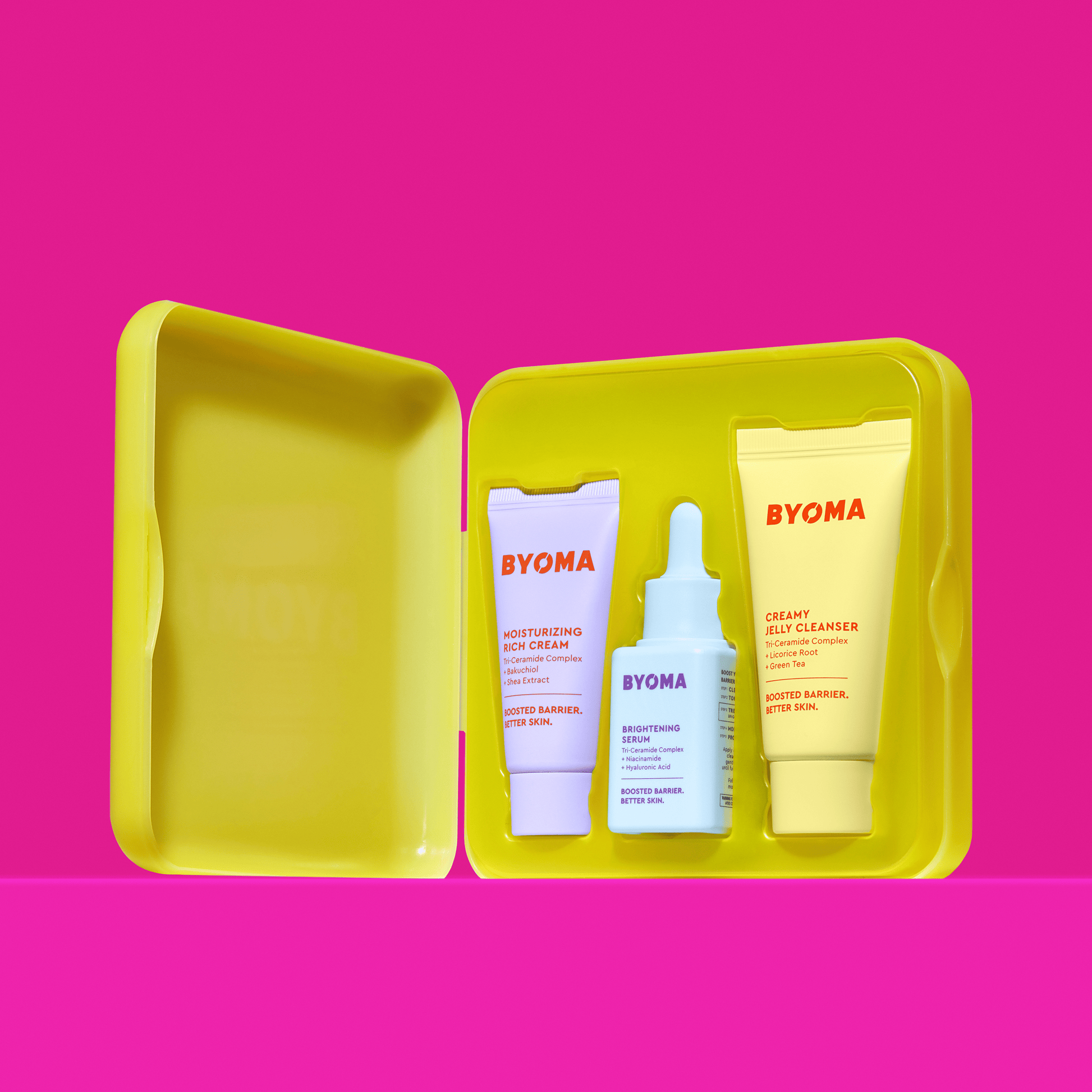 BYOMA So Bright Set featuring a yellow case with Brightening serum, Creamy Jelly Cleanser and Moisturizing Rich Cream inside.
