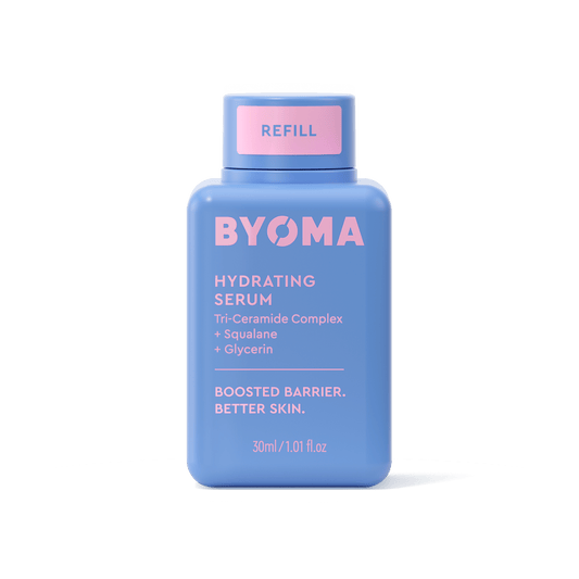BYOMA Hydrating Serum refill in a blue bottle.