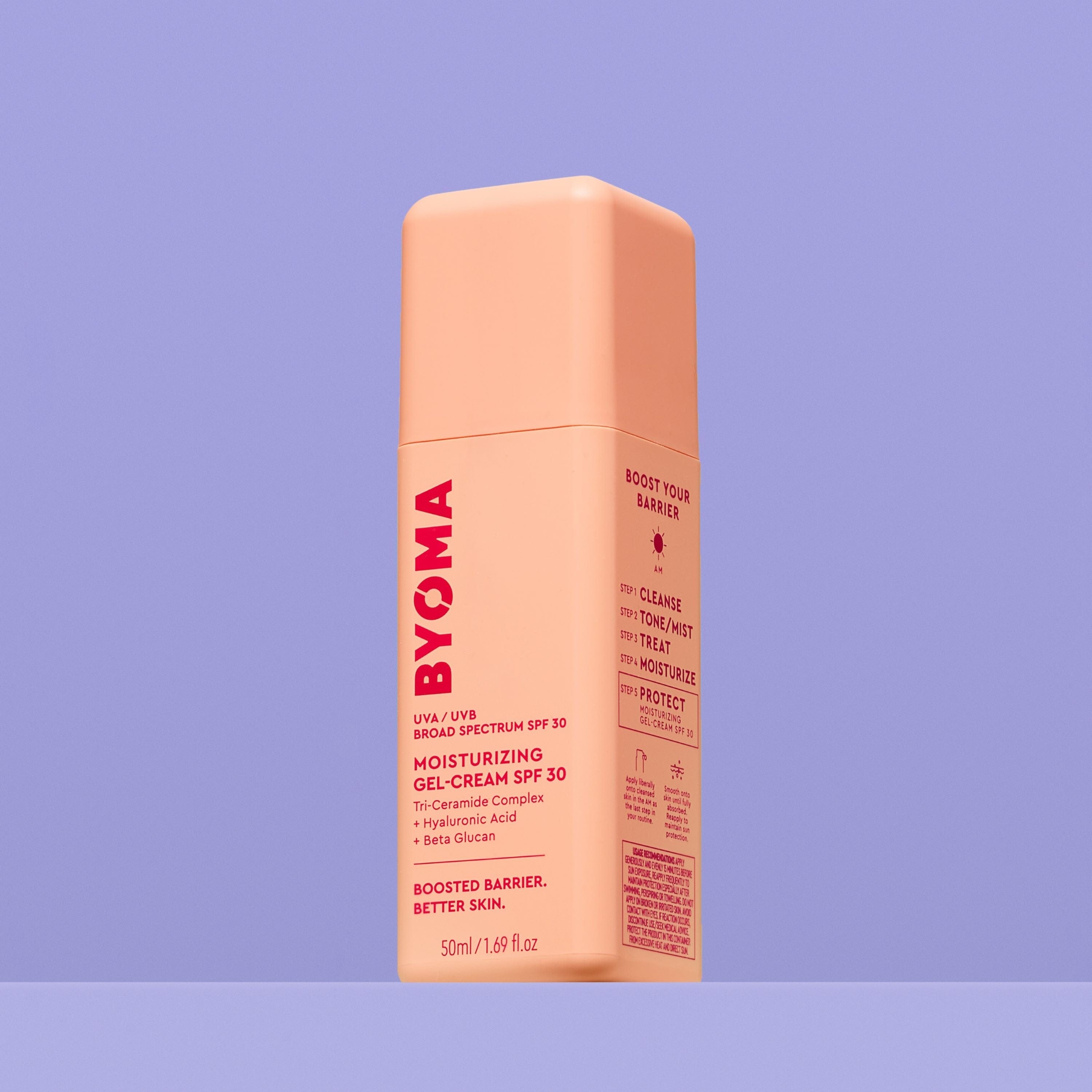A peach-colored bottle of Byoma Moisturizing Gel-Cream SPF 30 with UVA/UVB protection.