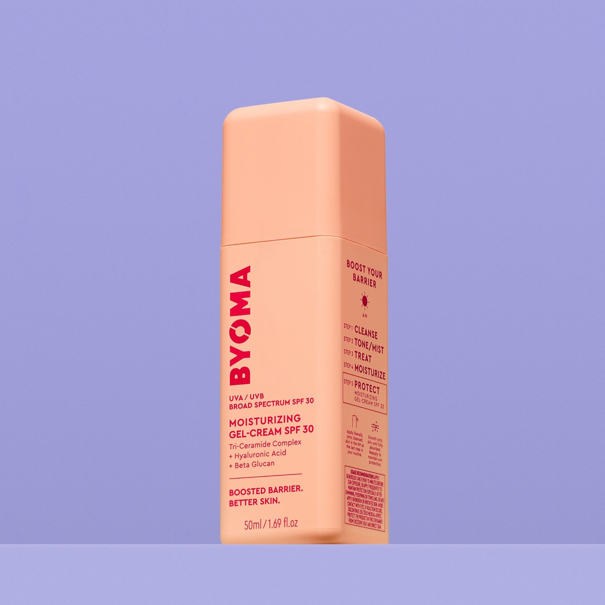 A peach-colored bottle of Byoma Moisturizing Gel-Cream SPF 30 with UVA/UVB protection.