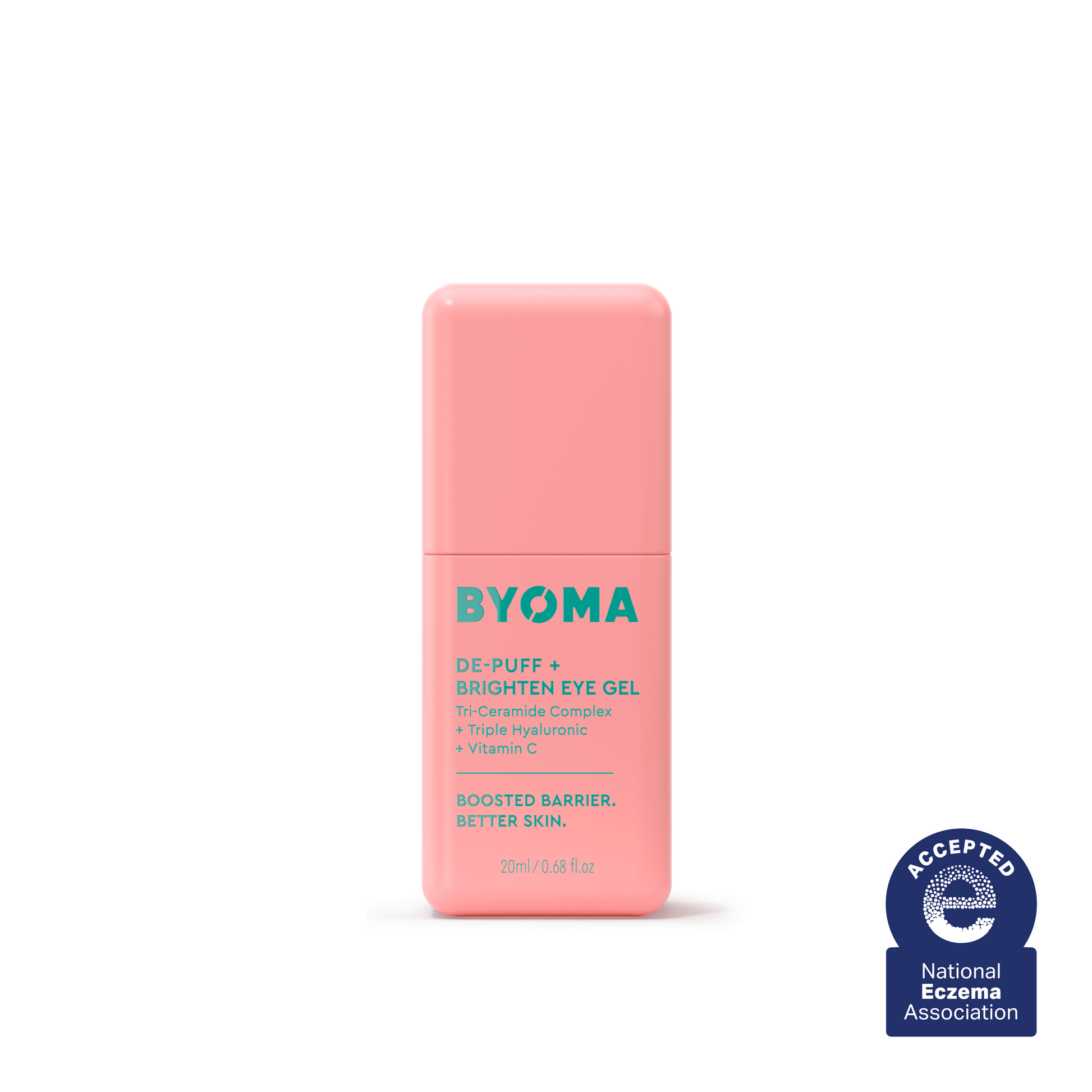 A bottle of Byoma De-Puff + Brighten Eye Gel.