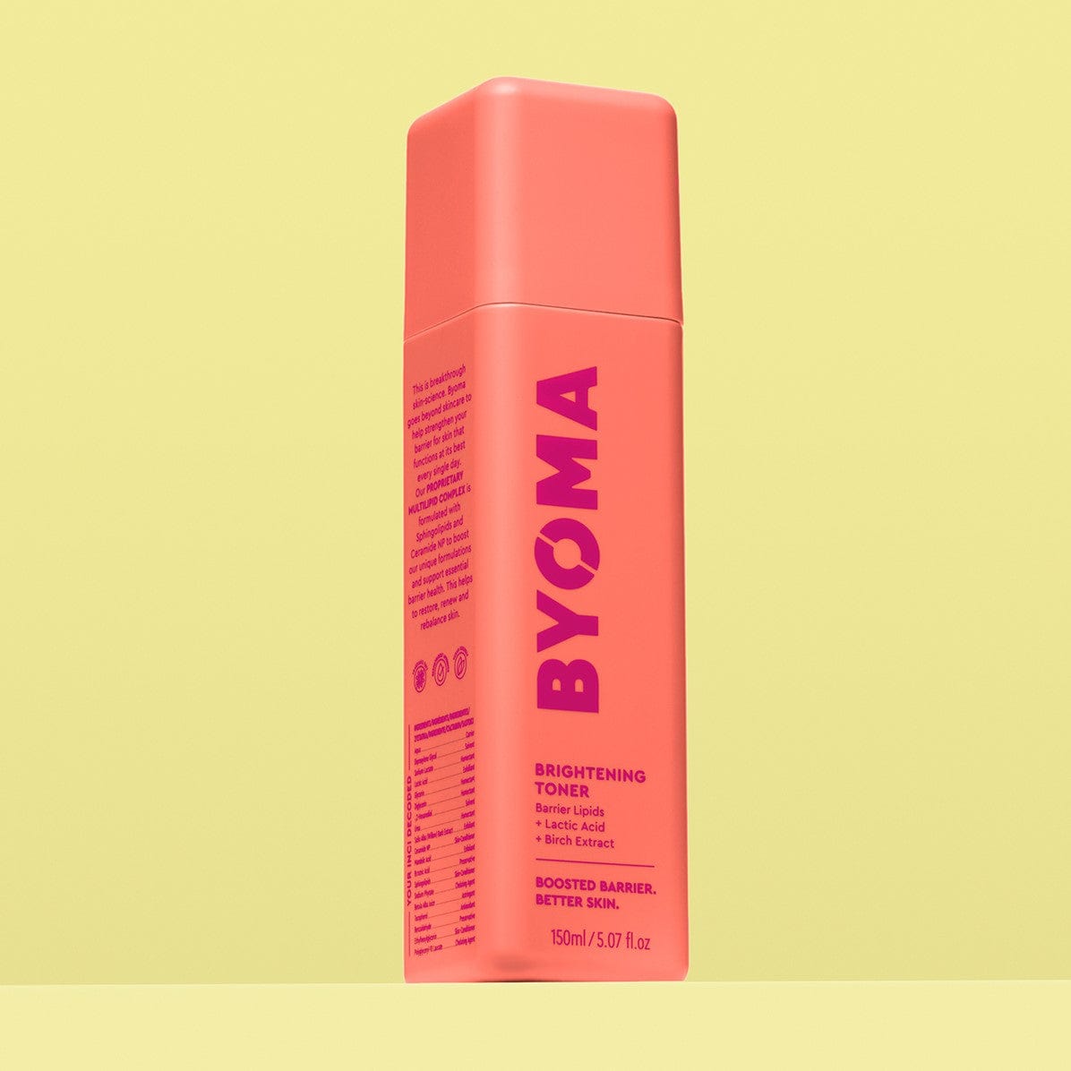 A BYOMA Brightening Toner bottle in a vibrant coral color.
