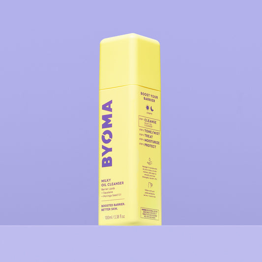 A Yellow bottle of BYOMA Milky Oil Cleanser.