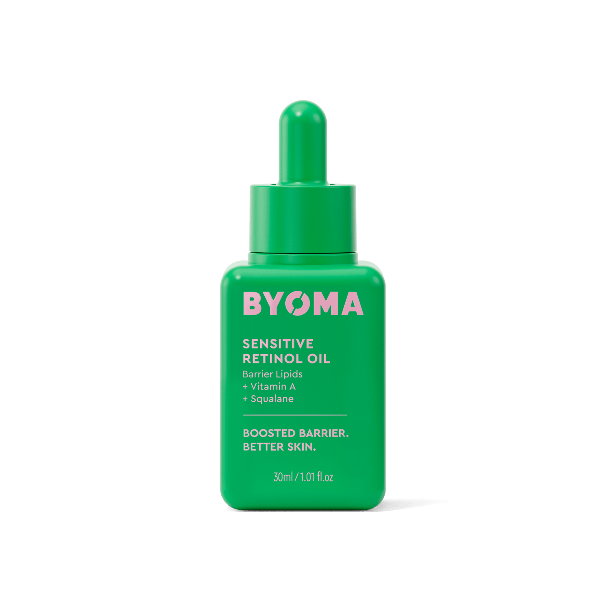 BYOMA Sensitive Retinol Oil in a green bottle.