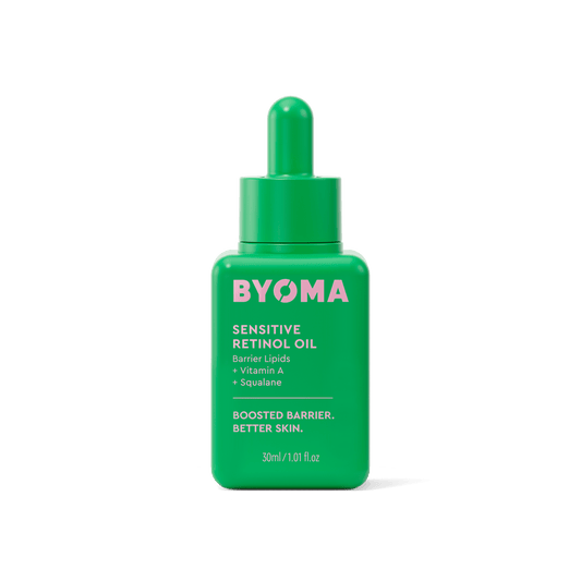 BYOMA Sensitive Retinol Oil in a green bottle.