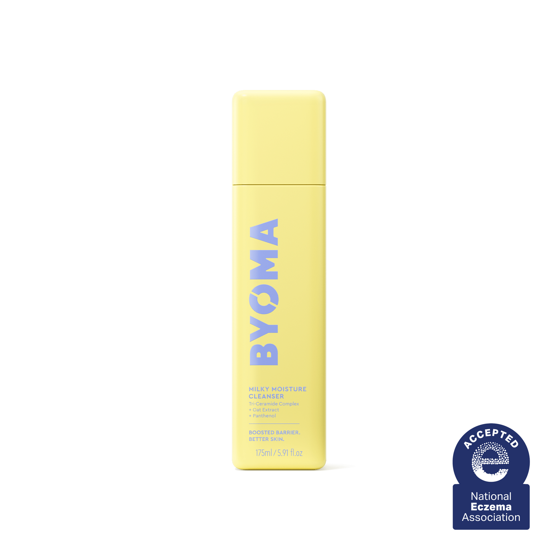 A yellow bottle of Byoma Milky Moisture Cleanser with the National Eczema Association seal.