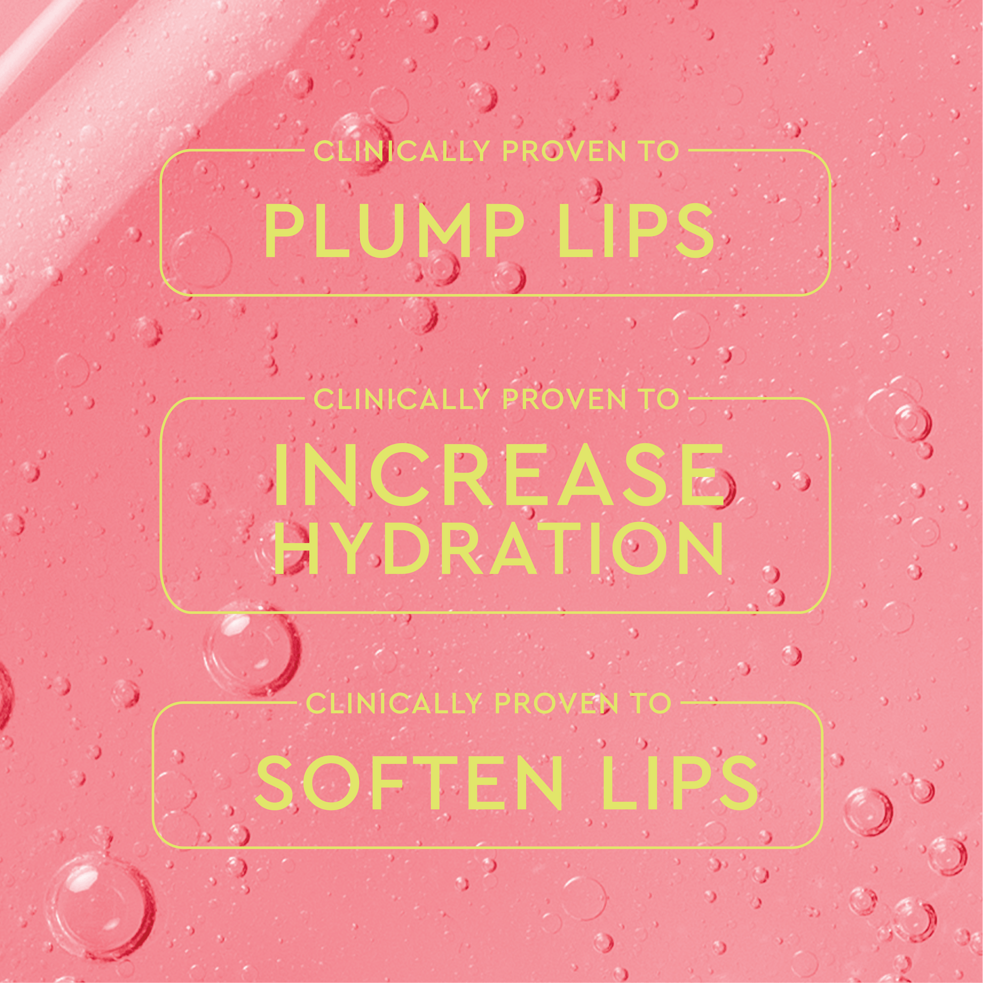A pink skincare infographic highlighting clinically proven benefits: plumper lips, increased hydration, and softer lips.
