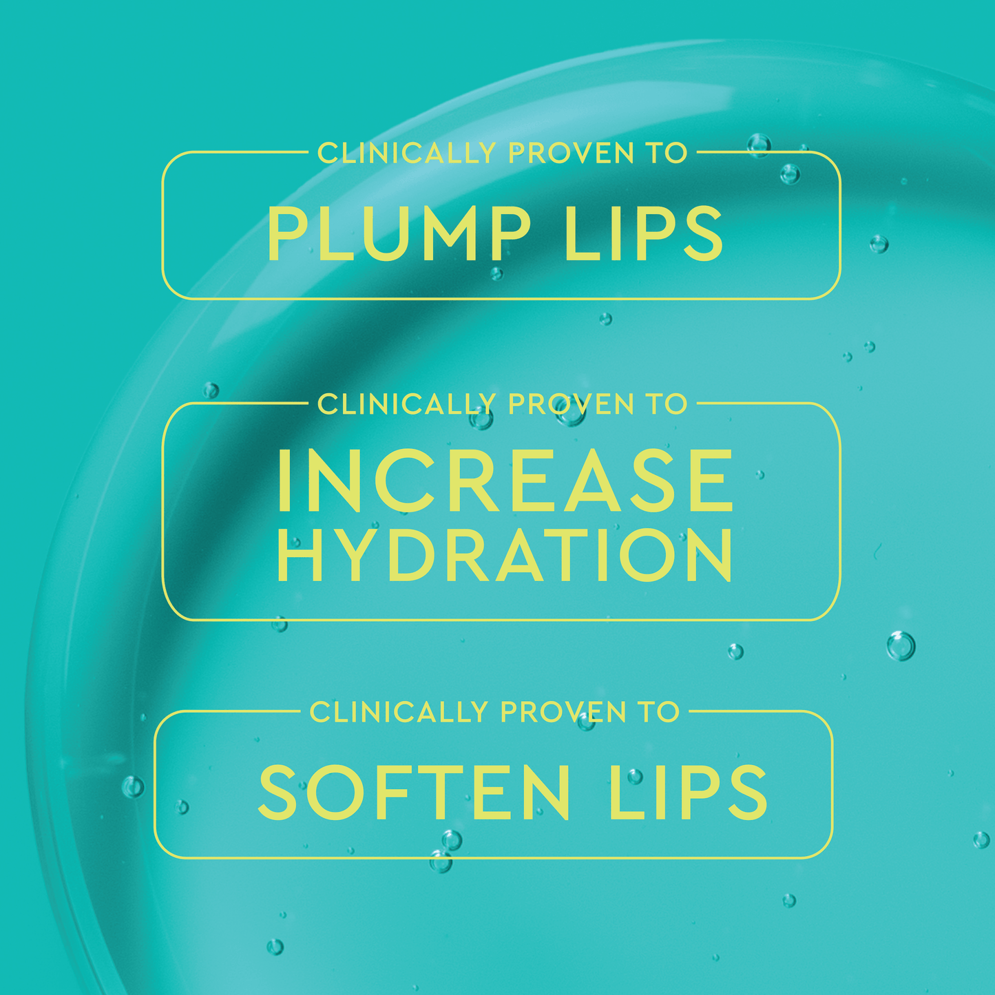 A skincare infographic highlights clinically proven benefits: plumping lips, increasing hydration, and softening lips.
