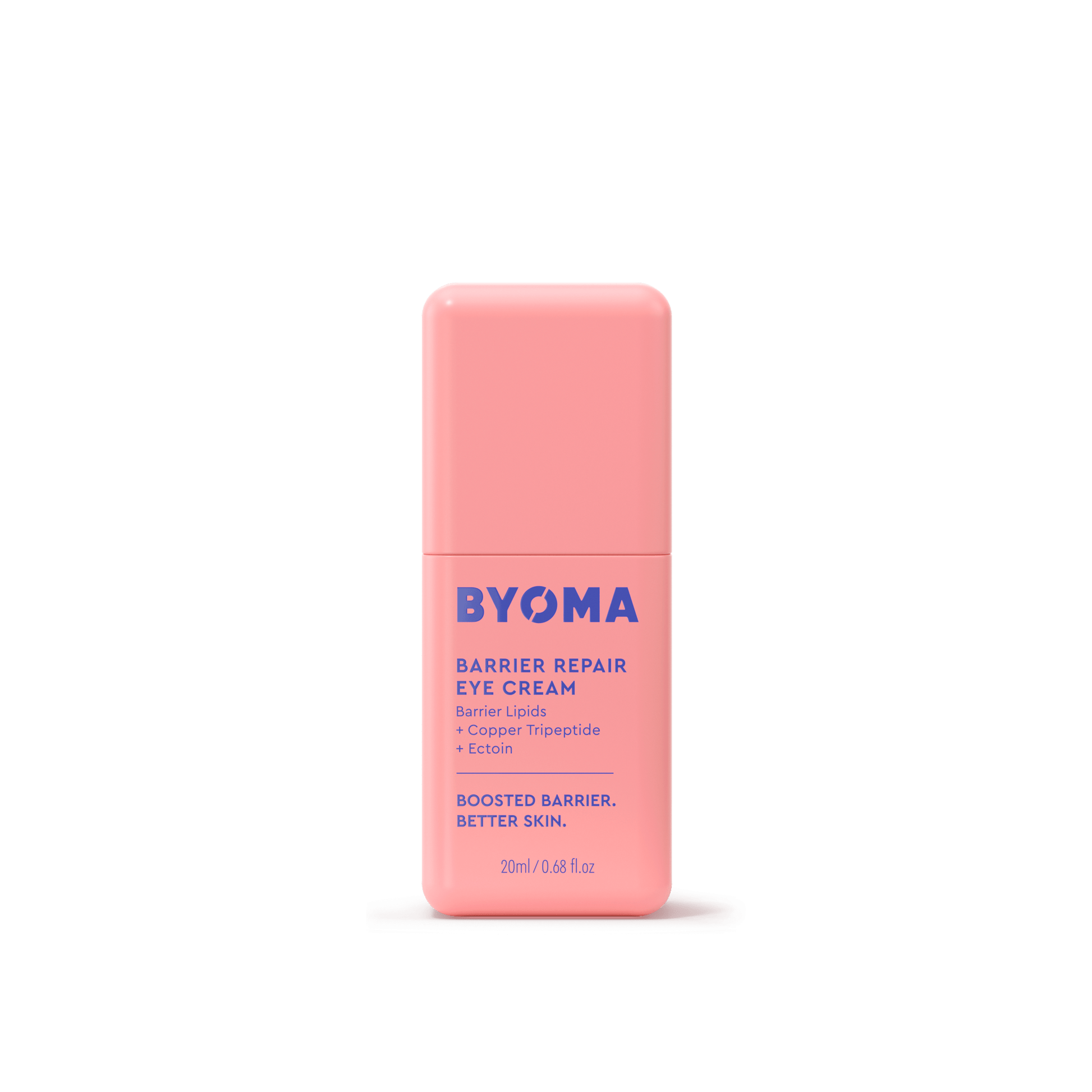 BYOMA Barrier Repair Eye Cream with barrier lipids, copper tripeptide, and ectoin in a pink bottle.