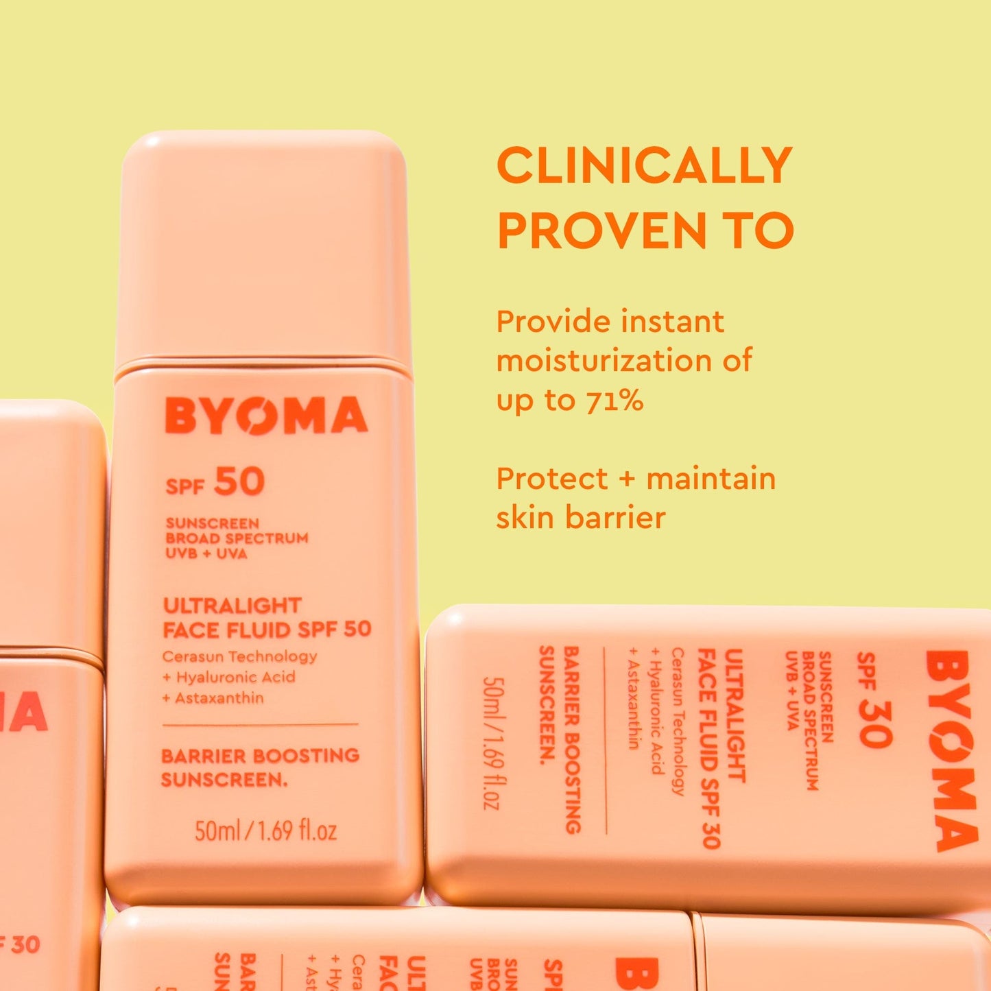 BYOMA SPF 30 and SPF 50 Ultralight Face Fluid bottles.