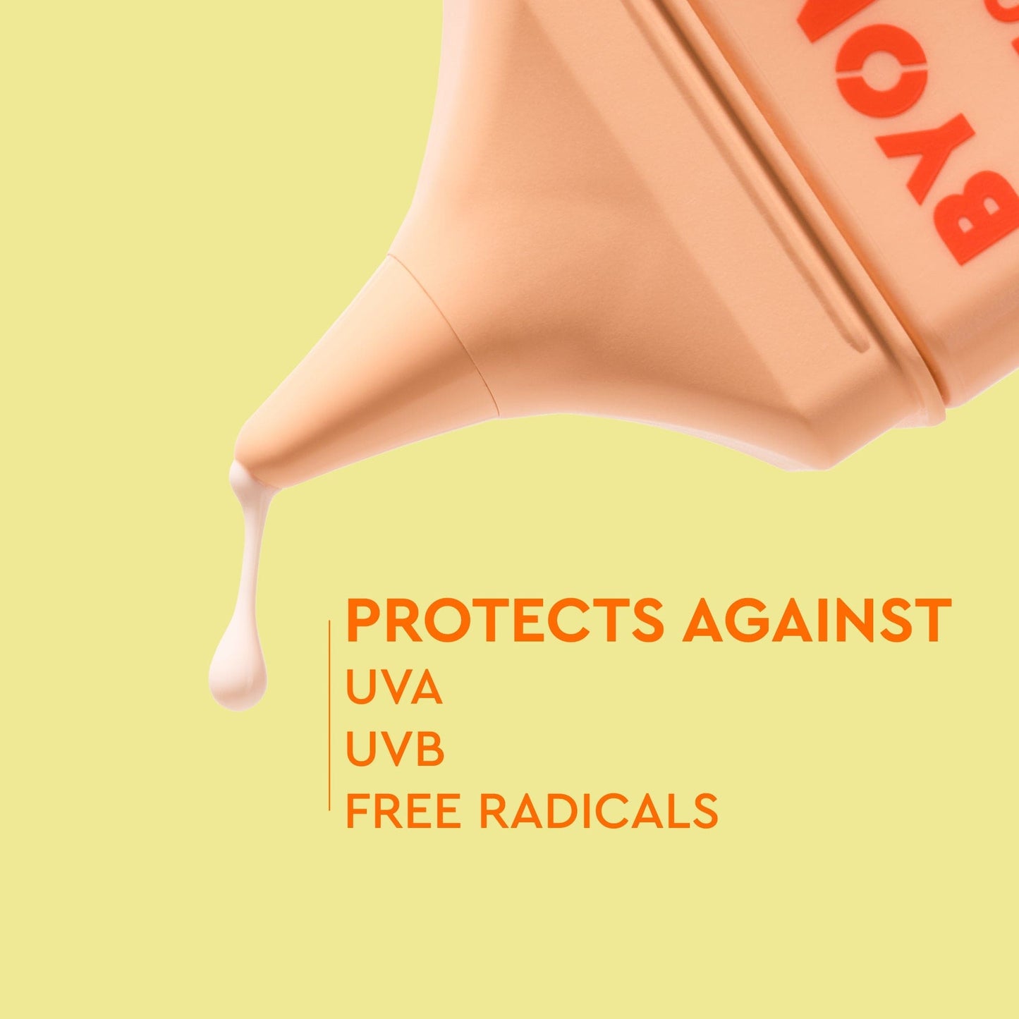 A BYOMA sunscreen bottle dispensing product, featuring the text ‘Protects Against UVA, UVB, and Free Radicals.