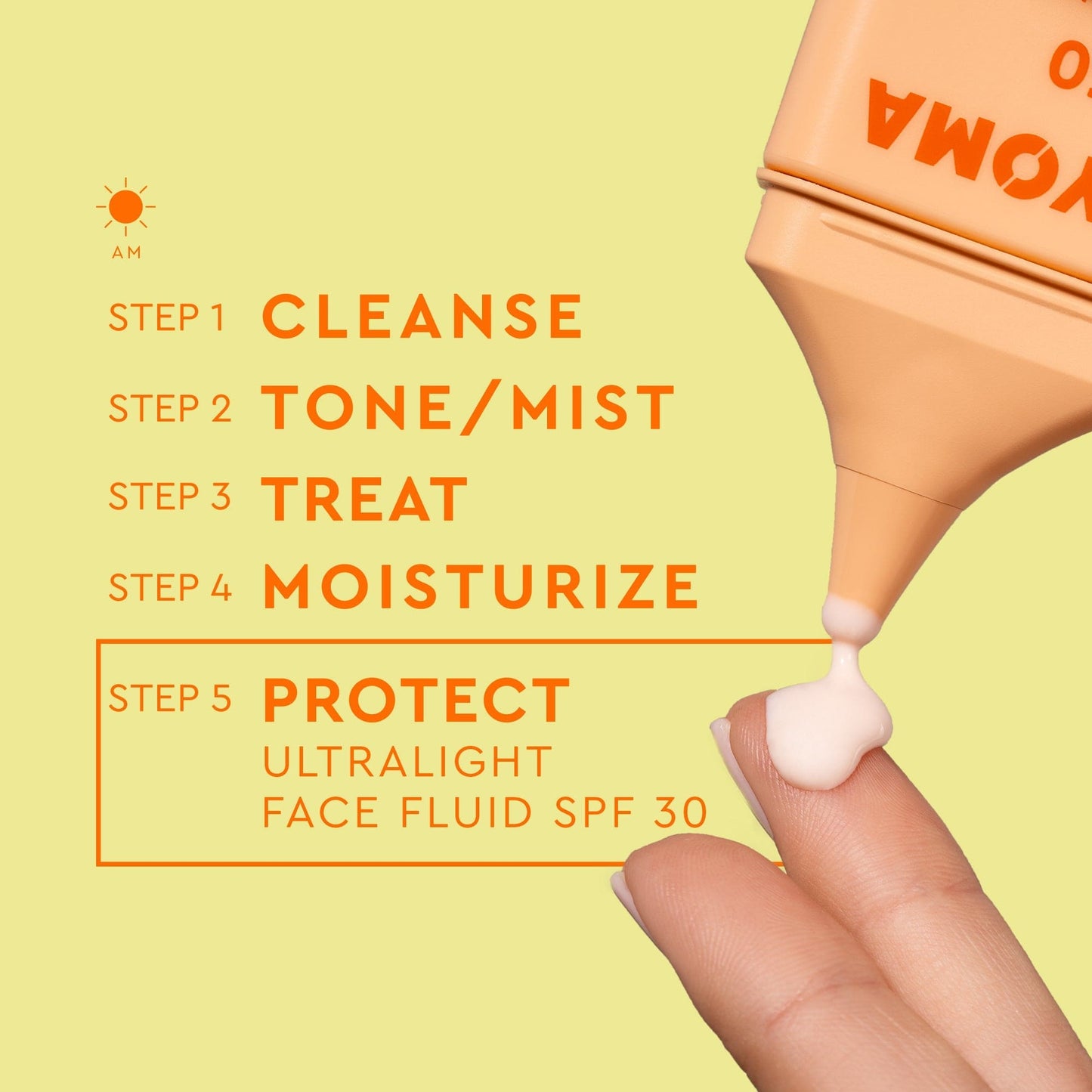 BYOMA Ultralight Face Fluid SPF 30 being dispensed onto a finger, with skincare steps listed.