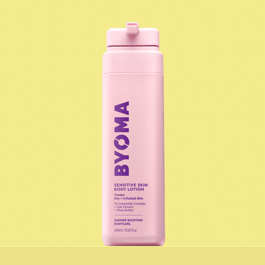 BYOMA SENSITIVE SKIN BODY lotion against a yellow background.