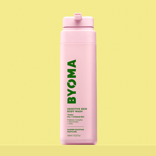 BYOMA SENSITIVE SKIN BODY WASH against a yellow background.