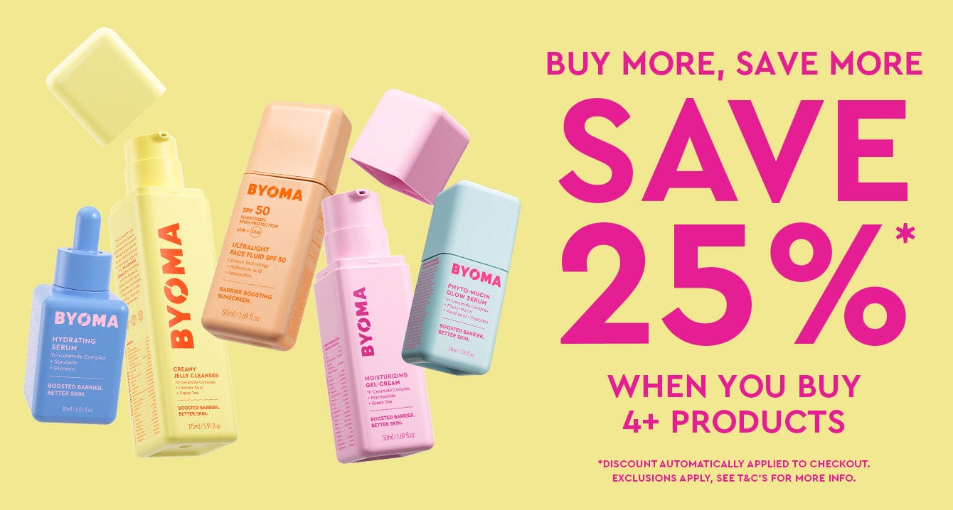 Wide BYOMA promotional banner – Buy more, save more. Save 25% when you buy 4+ products. Includes full skincare product range on yellow background
