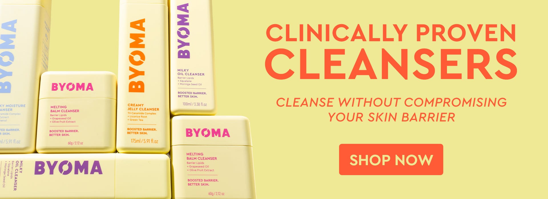 BYOMA cleanser products with promotional text on a yellow background