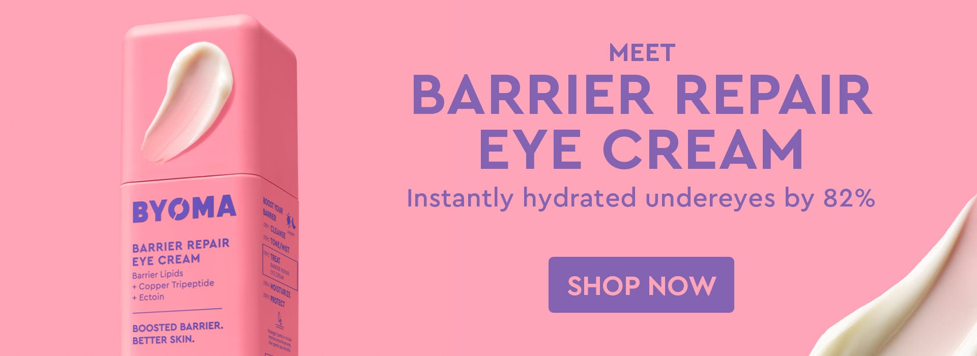 Byoma Barrier Repair Eye Cream packaging on a pink background with promotional text.