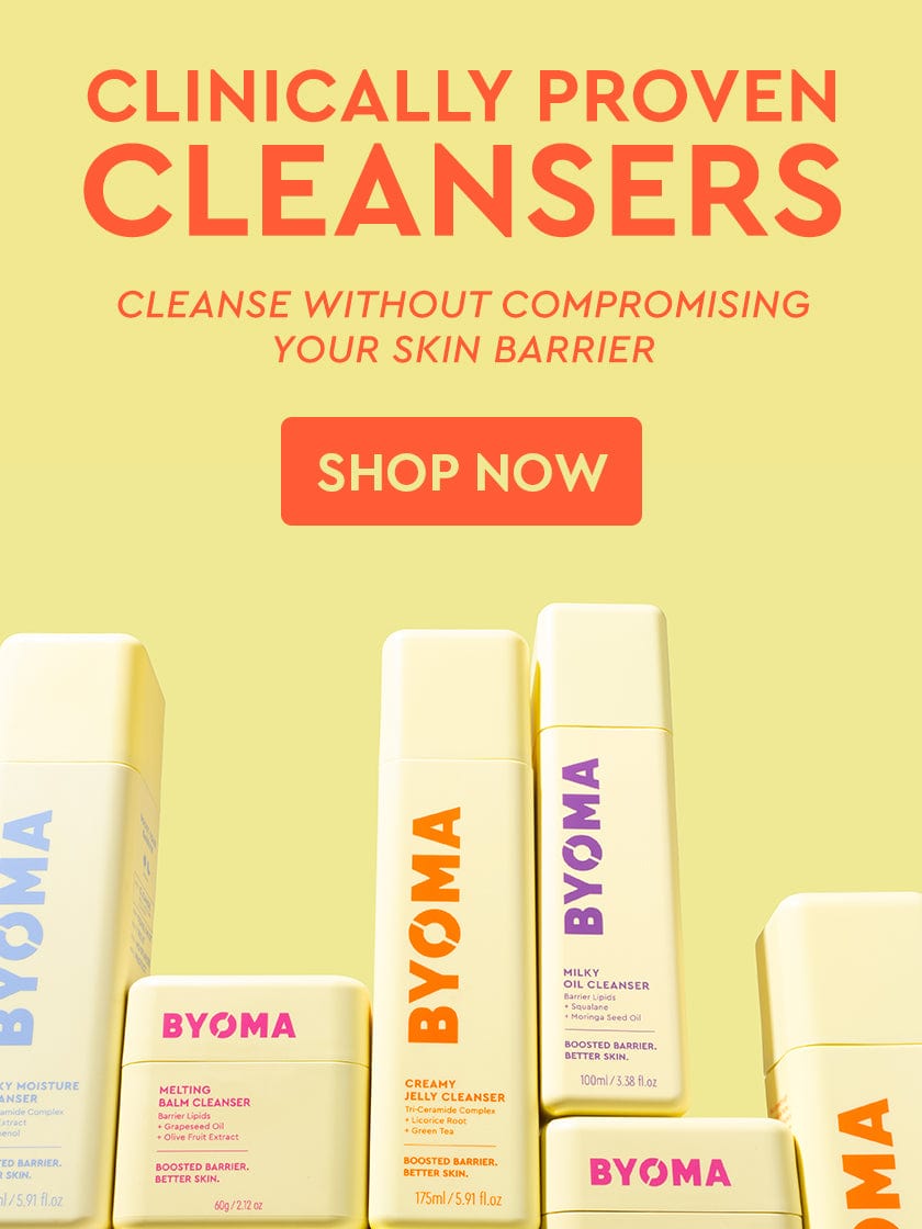 BYOMA cleansers with promotional text on a yellow background