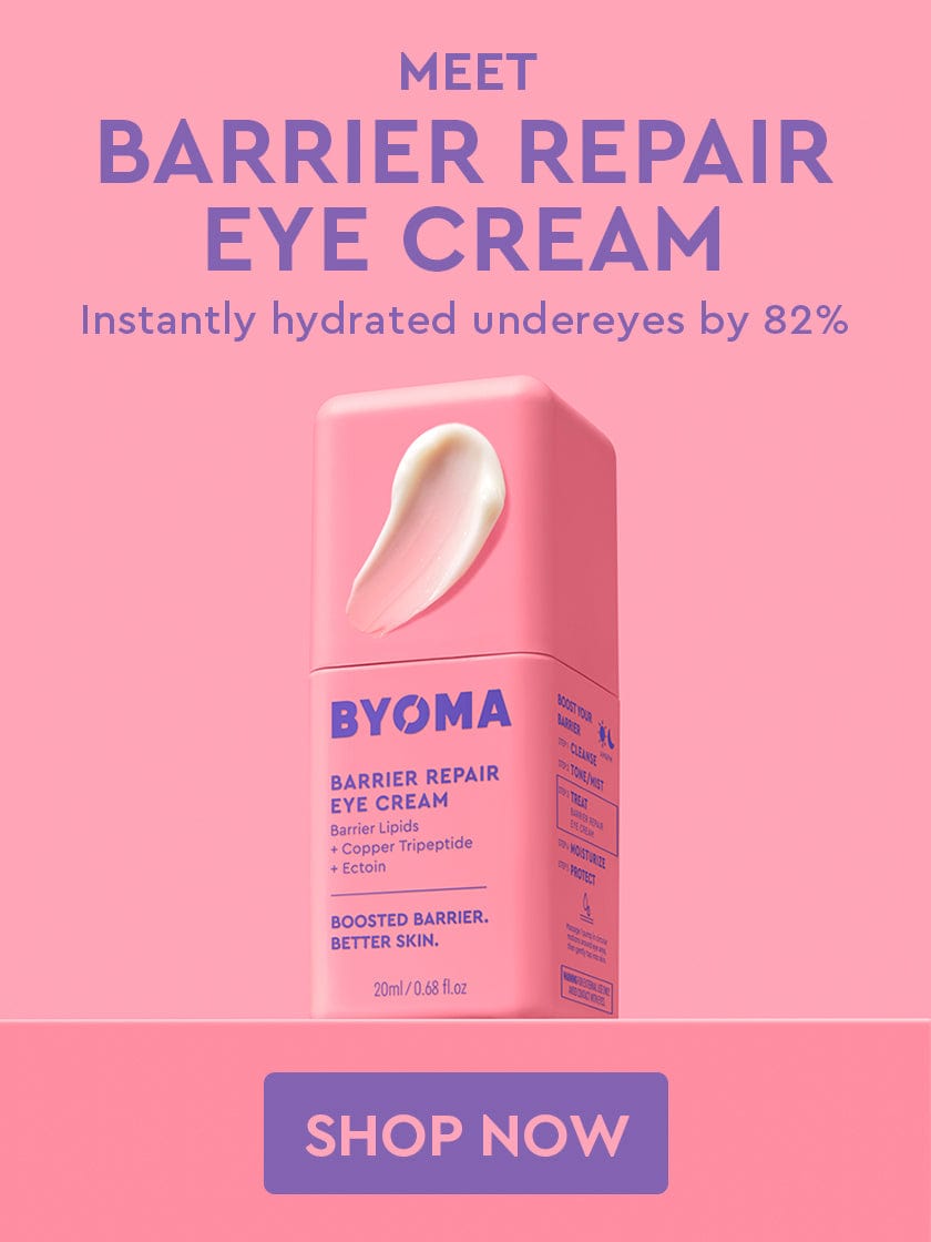 Pink background featuring a rectangular pink bottle of BYOMA Barrier Repair Eye Cream with a cream smear on the lid. Text above reads: “Meet Barrier Repair Eye Cream — Instantly hydrated undereyes by 82%.” Below the product, a purple button says “Shop Now.” Product label mentions “Barrier Lipids + Copper Tripeptide + Ectoin” and the tagline “Boosted Barrier. Better Skin.”