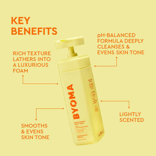 BYOMA body wash bottle with key benefits on a yellow background