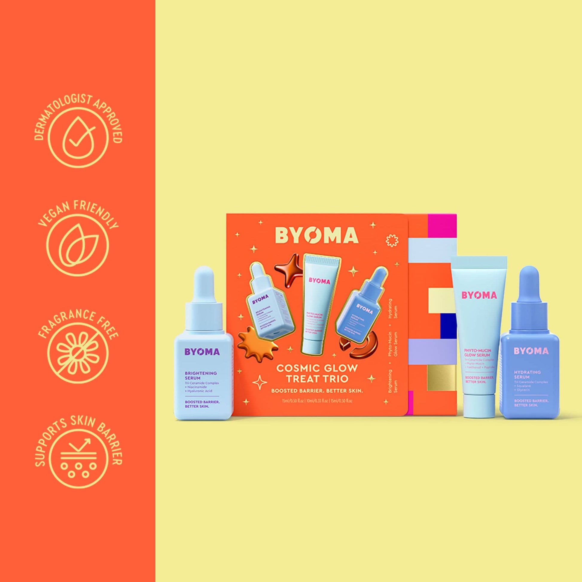 BYOMA skincare product set with packaging on a yellow background