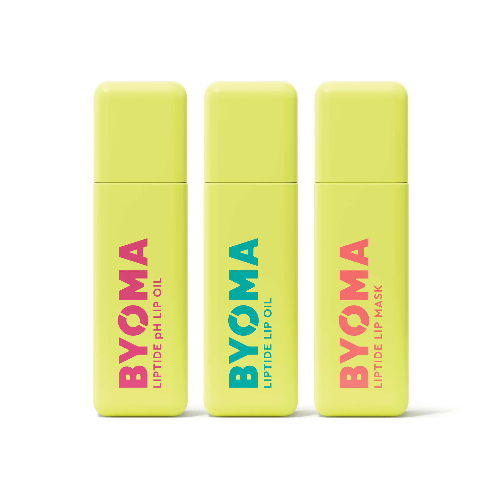 Three BYOMA Liptide lip treatments – pH Lip Oil, Lip Oil, and Lip Mask in yellow tubes against transparent background