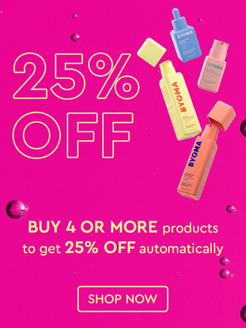Bright pink banner offering 25% off BYOMA products with a ‘Shop Now’ button.