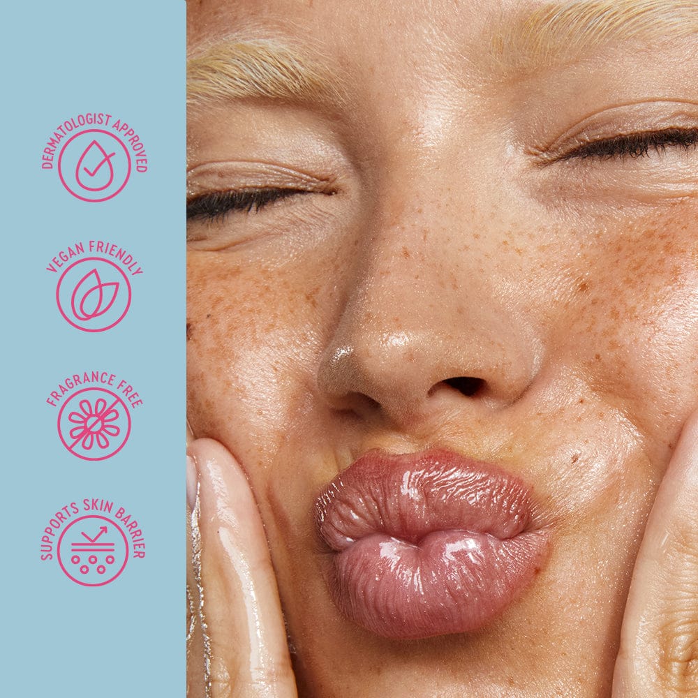 Close-up of a woman's face with skincare product, featuring icons for dermatologist approval, vegan friendliness, fragrance-free, and skin barrier support.