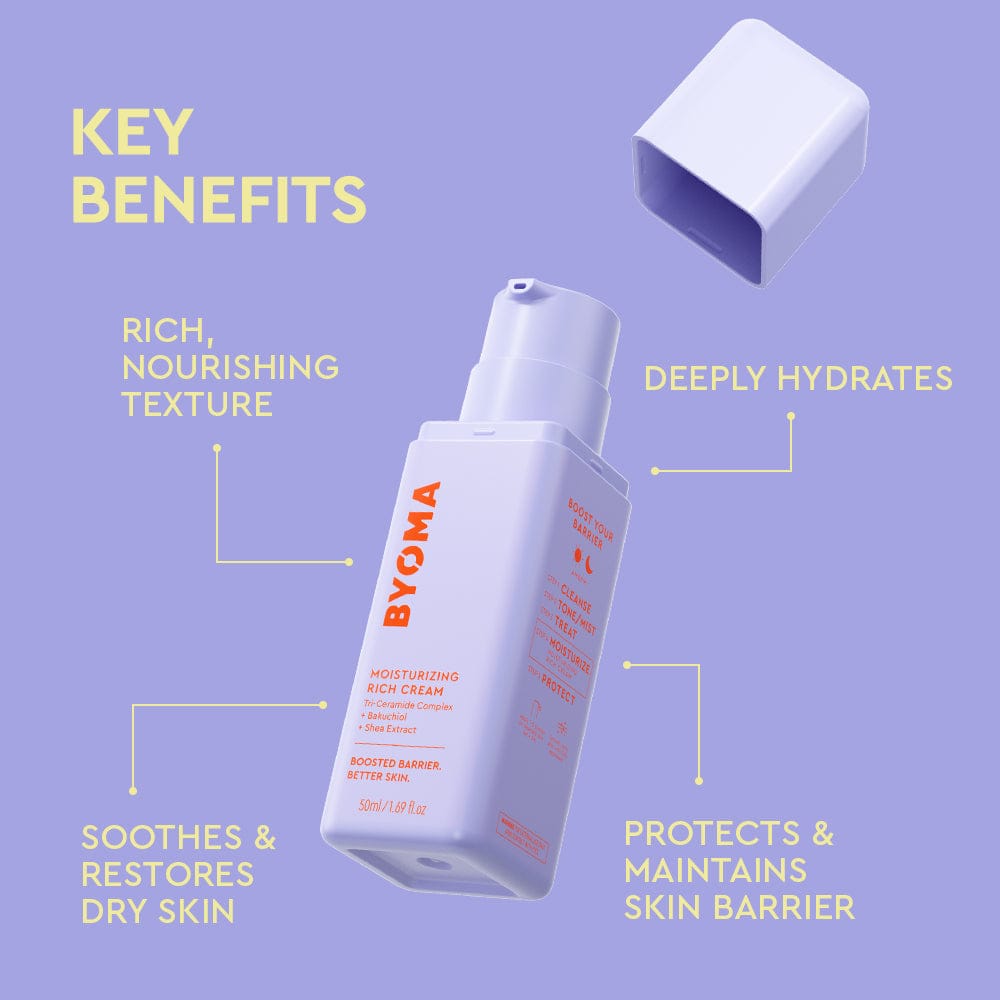 BYOMA skincare product with key benefits listed on a purple background