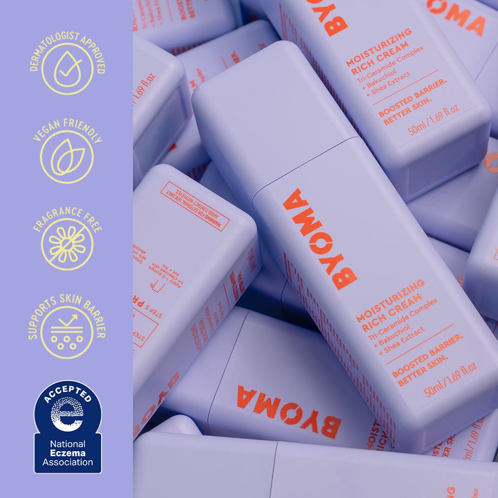 BYOMA moisturizing rich cream bottles with brand icons on a purple background