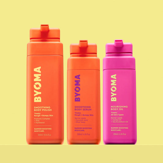 Three BYOMA bodycare products against a pastel yellow background. From left to right: Smoothing Body Polish (orange), Smoothing Body Serum (slightly shorter and also orange), and Nourishing Body Oil (pink). All bottles are standing upright.