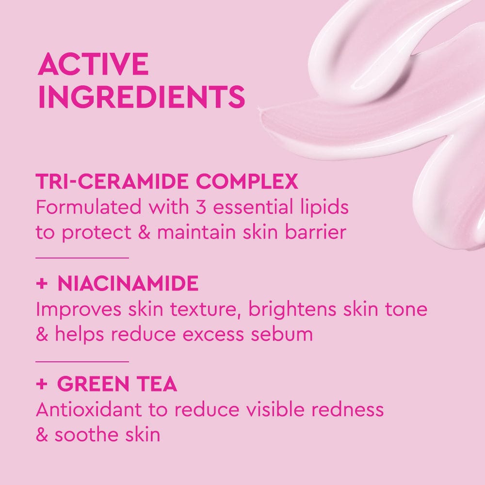 Pink background with a soft smear of pink cream in the top right corner. Bold magenta heading reads “Active Ingredients.” Text lists:
Tri-Ceramide Complex: formulated with 3 essential lipids to protect and maintain the skin barrier.
Niacinamide: improves skin texture, brightens tone, and helps reduce excess sebum.
Green Tea: antioxidant that reduces visible redness and soothes skin.