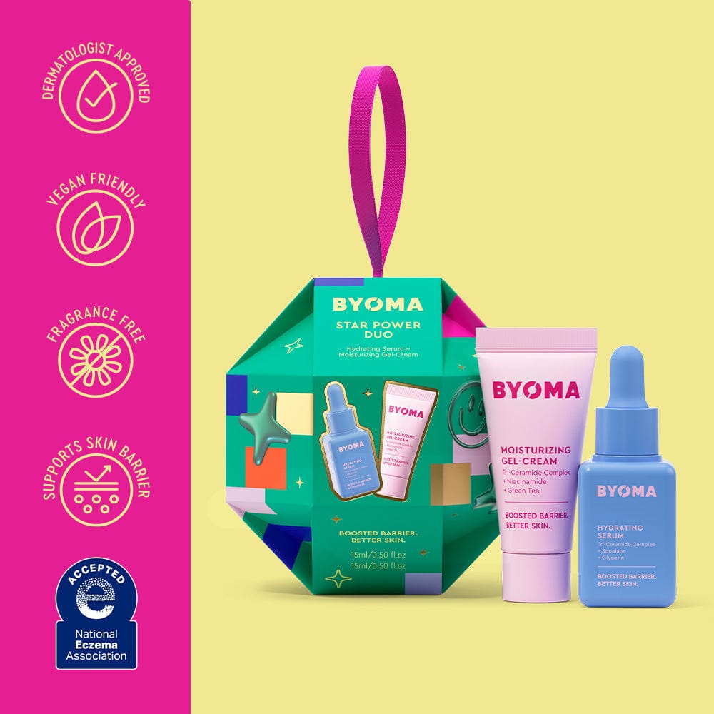 BYOMA skincare product set with green box and pink and blue bottles on a yellow background