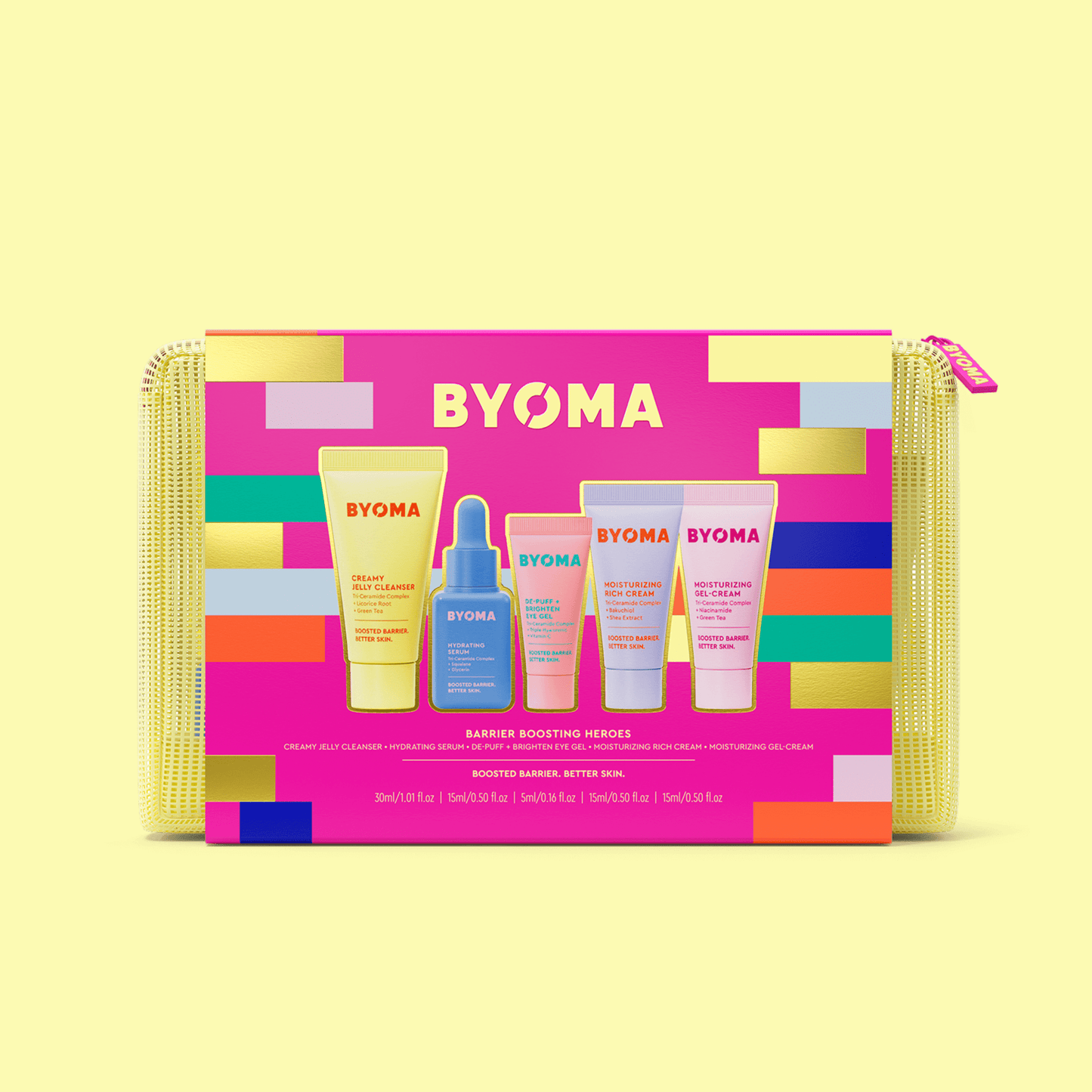 BYOMA Barrier Boosting Heroes skincare gift set – pouch with five visible product tubes on yellow background.