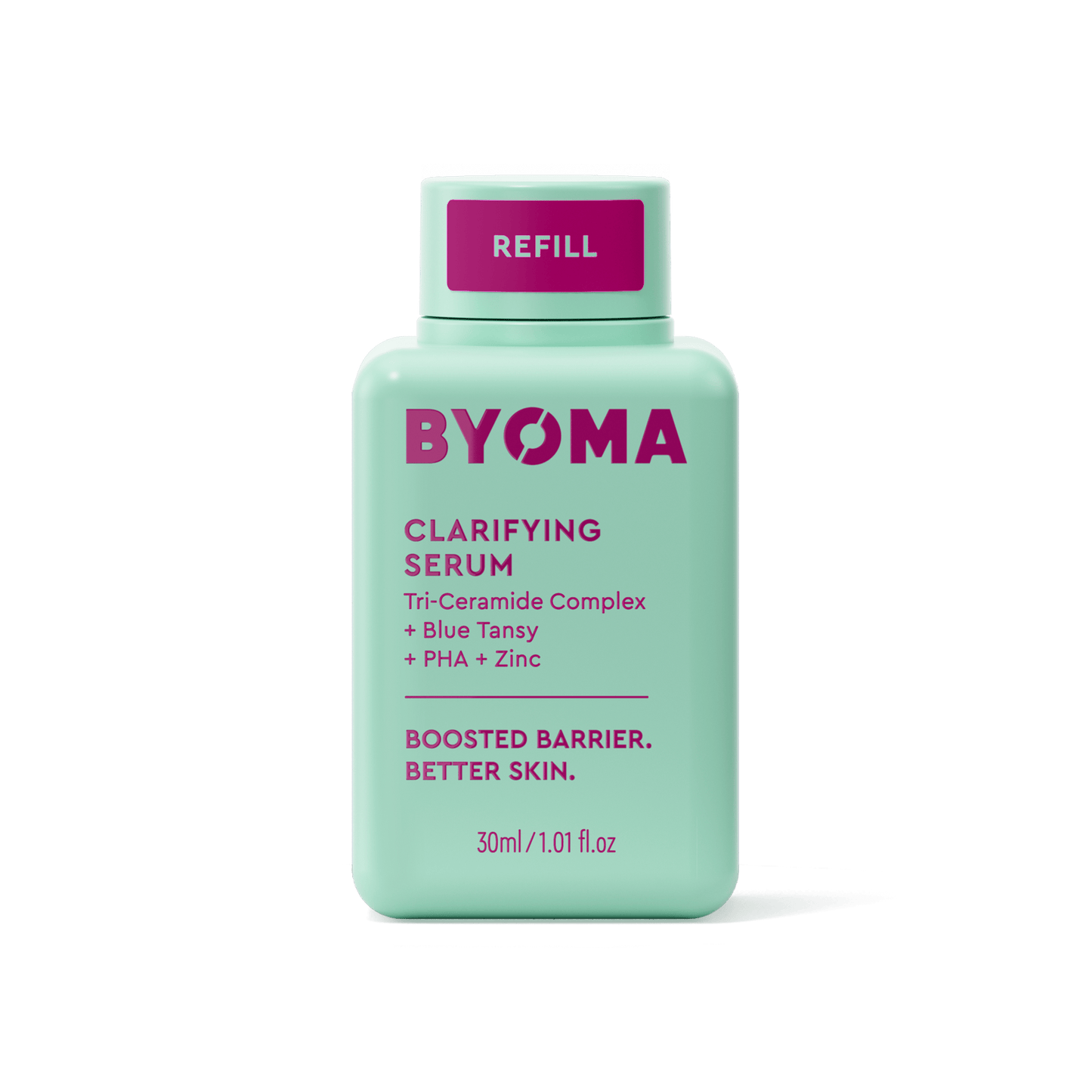 A BYOMA Clarifying Serum refill bottle in mint green.