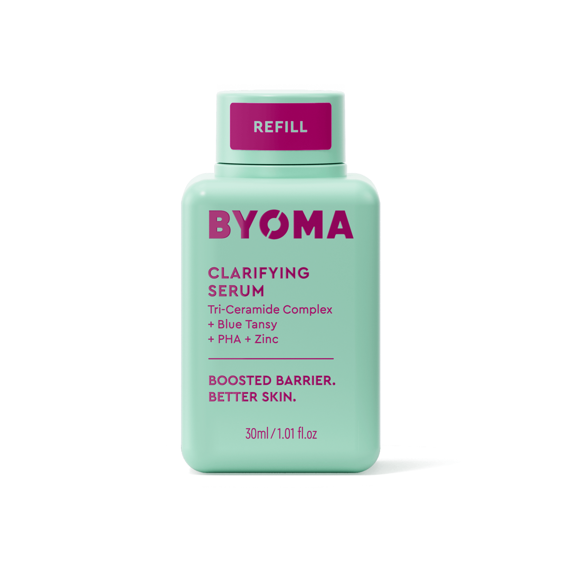 A BYOMA Clarifying Serum refill bottle in mint green.