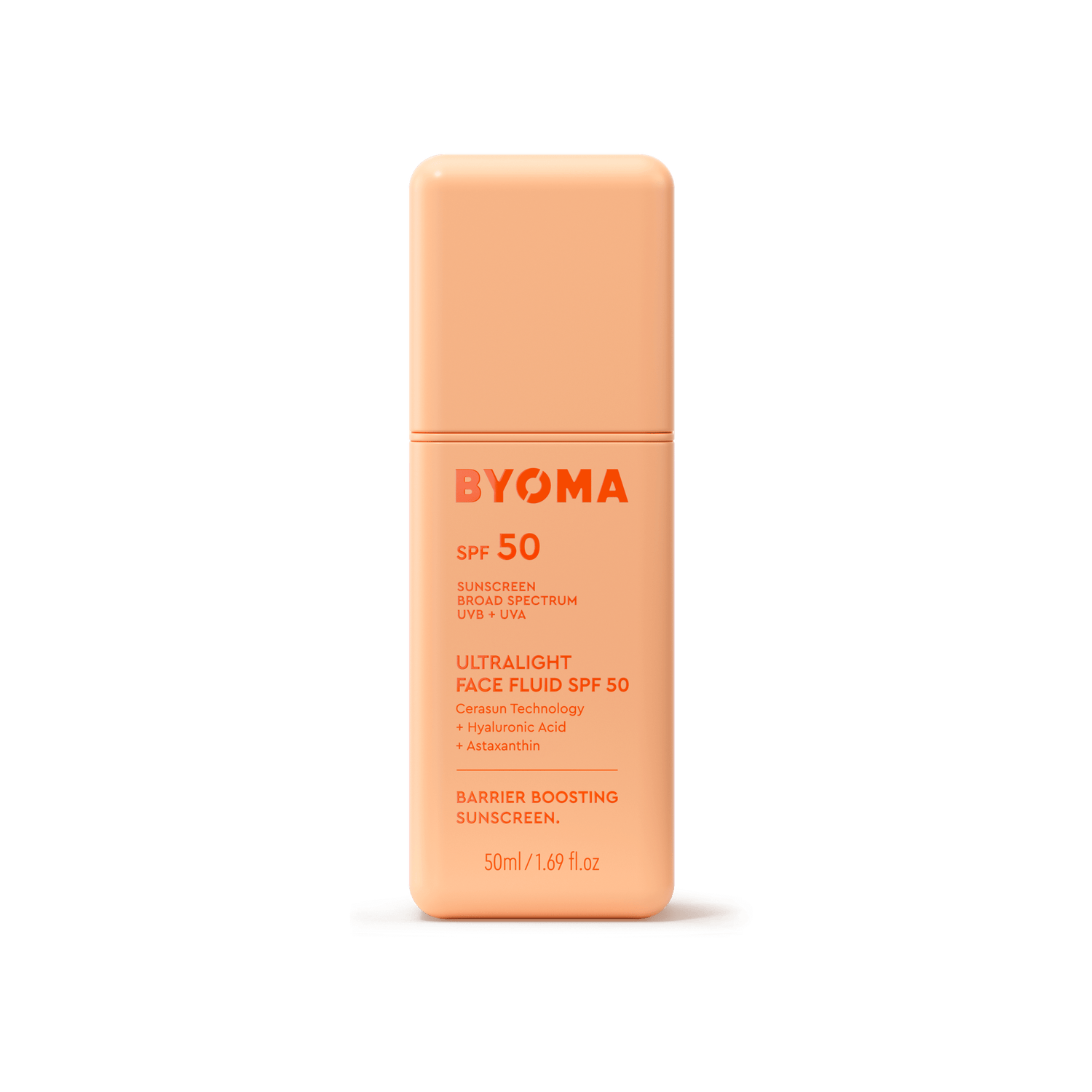 An orange bottle of BYOMA Ultralight Face Fluid SPF 50 sunscreen.