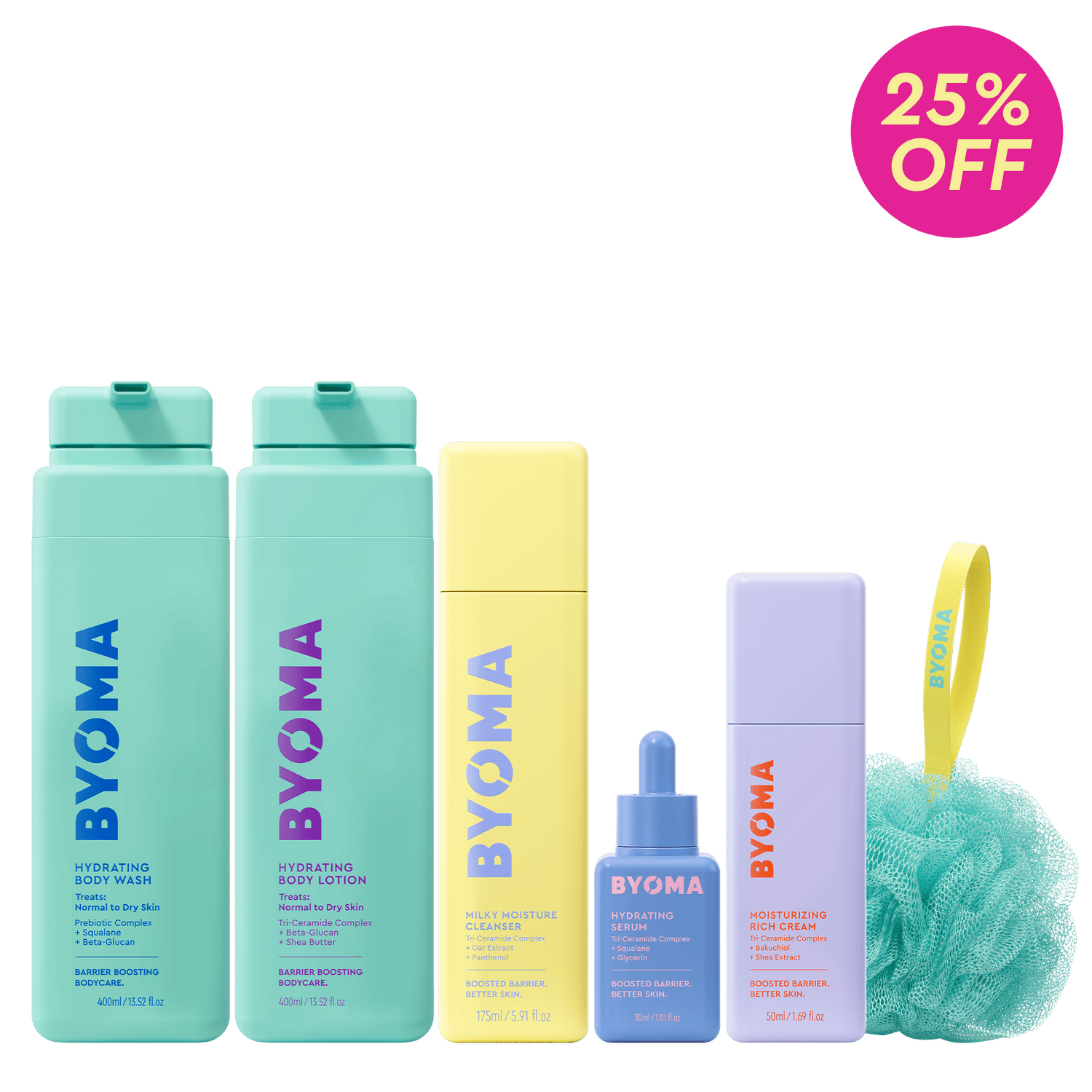 Collection of BYOMA skincare products with a green background and 25% off badge.