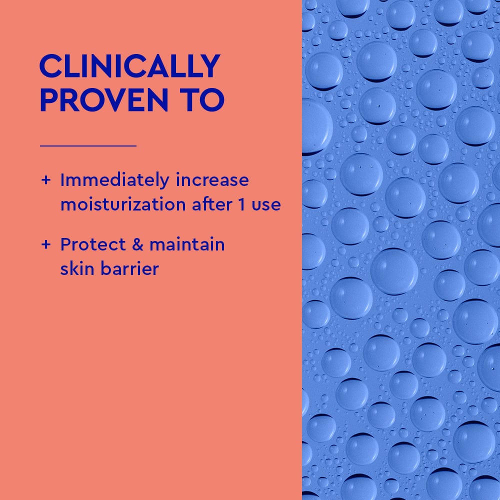 Product advertisement with clinical claims on a peach background and water droplets on blue surface.