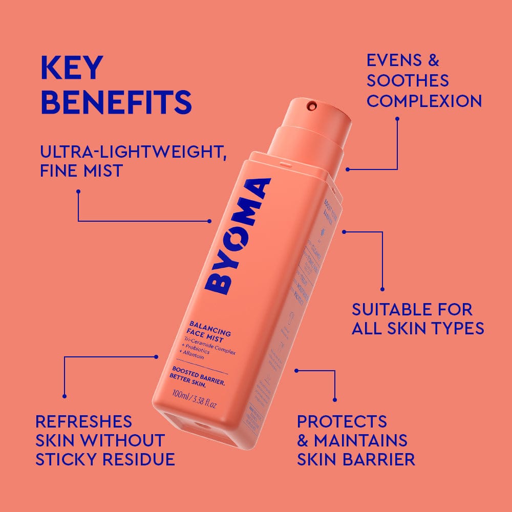 BYOMA balancing face mist bottle with key benefits on a pink background