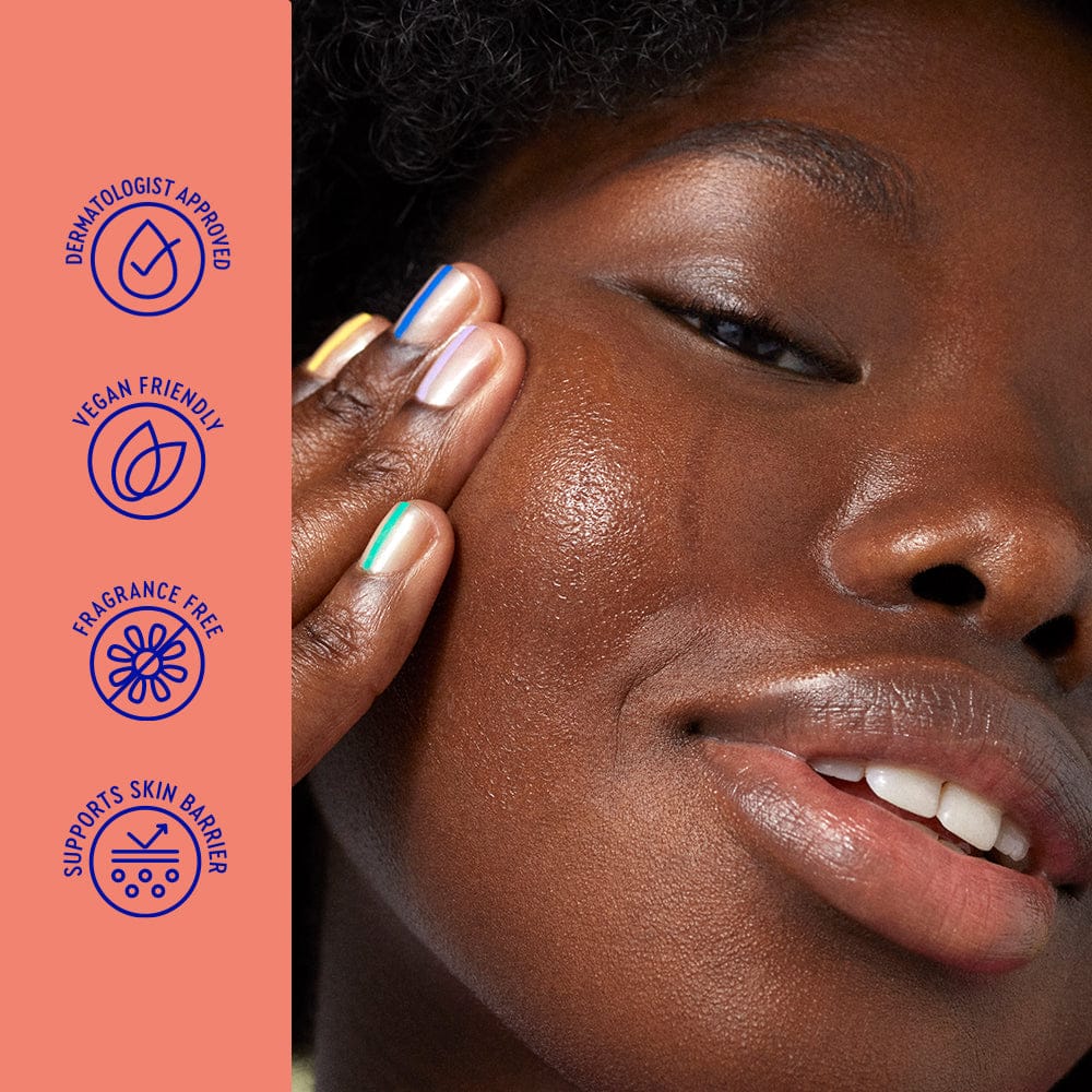 Close-up of a woman's face with skincare product, dermatologist-approved icons on the side.
