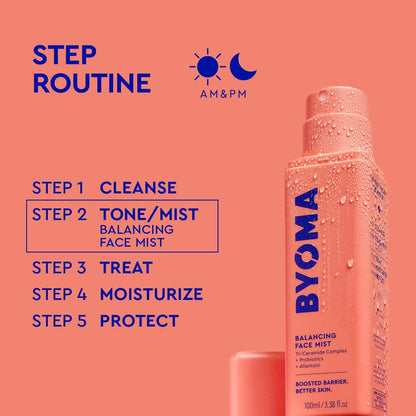 BYOMA balancing face mist with step routine on a peach background