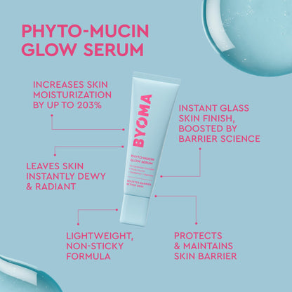 A light blue tube of BYOMA Phyto-Mucin Glow Serum centered on a pale blue background with marketing text callouts around it.