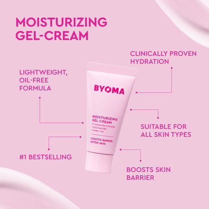 A pink BYOMA moisturizing gel-cream tube centered on a light pink background with marketing text callouts around it.