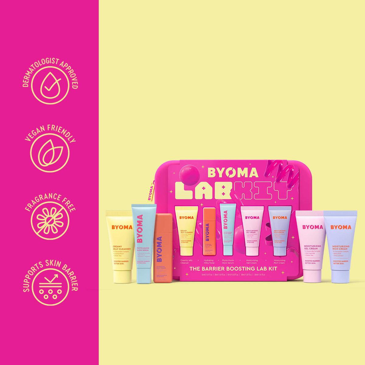 BYOMA Lab Kit 'The Barrier Boosting Lab Kit' set displayed on a pale yellow background with a bright pink vertical banner on the left highlighting key product attributes. The set includes a metallic pink zippered case and five individual tubes in various pastel and bright colors with the BYOMA brand name clearly visible.